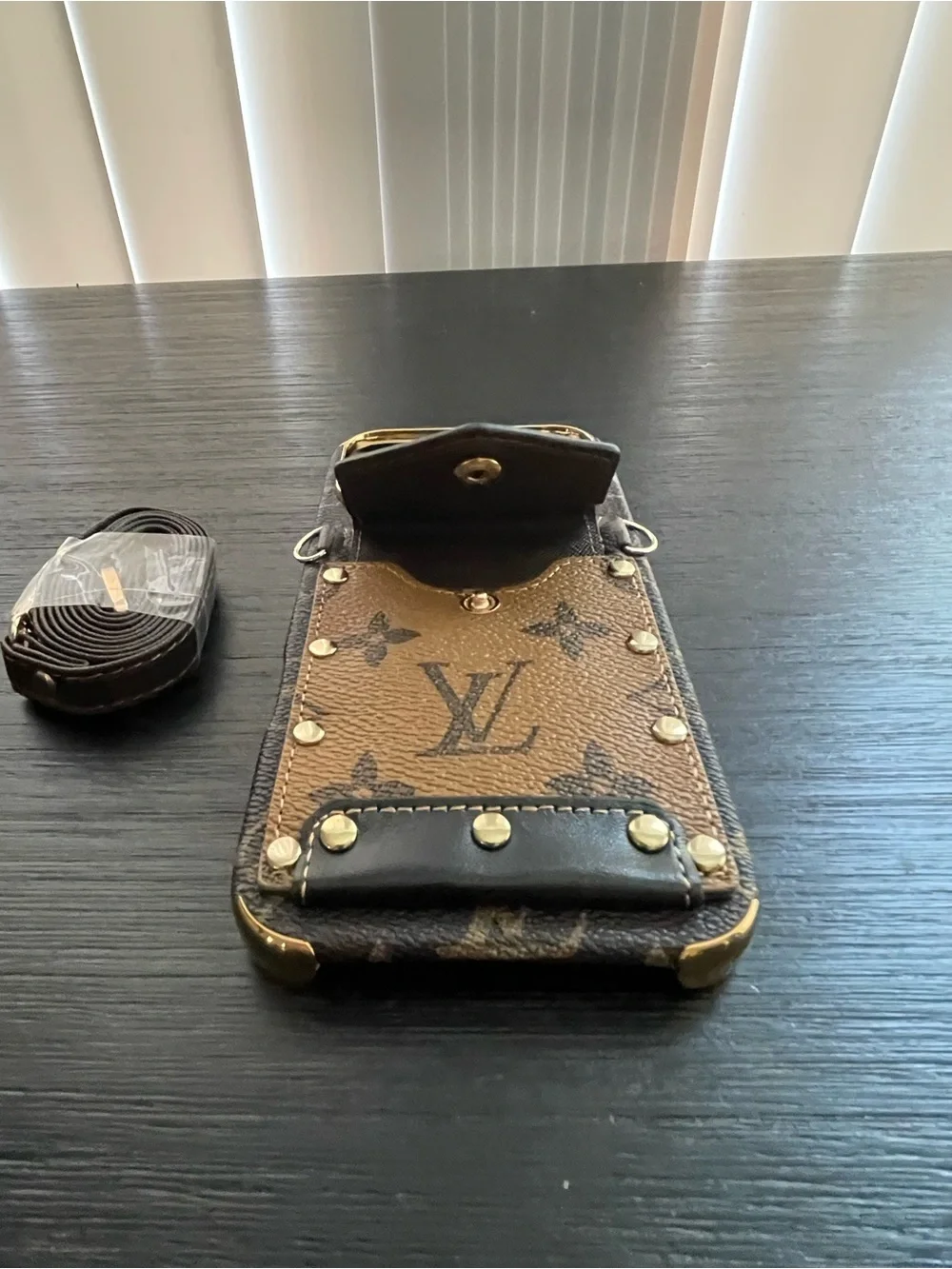 iPhone 17 pro max wallet crossbody Canvas Brown and Gold Studded Phone Case - Picture 4 of 11